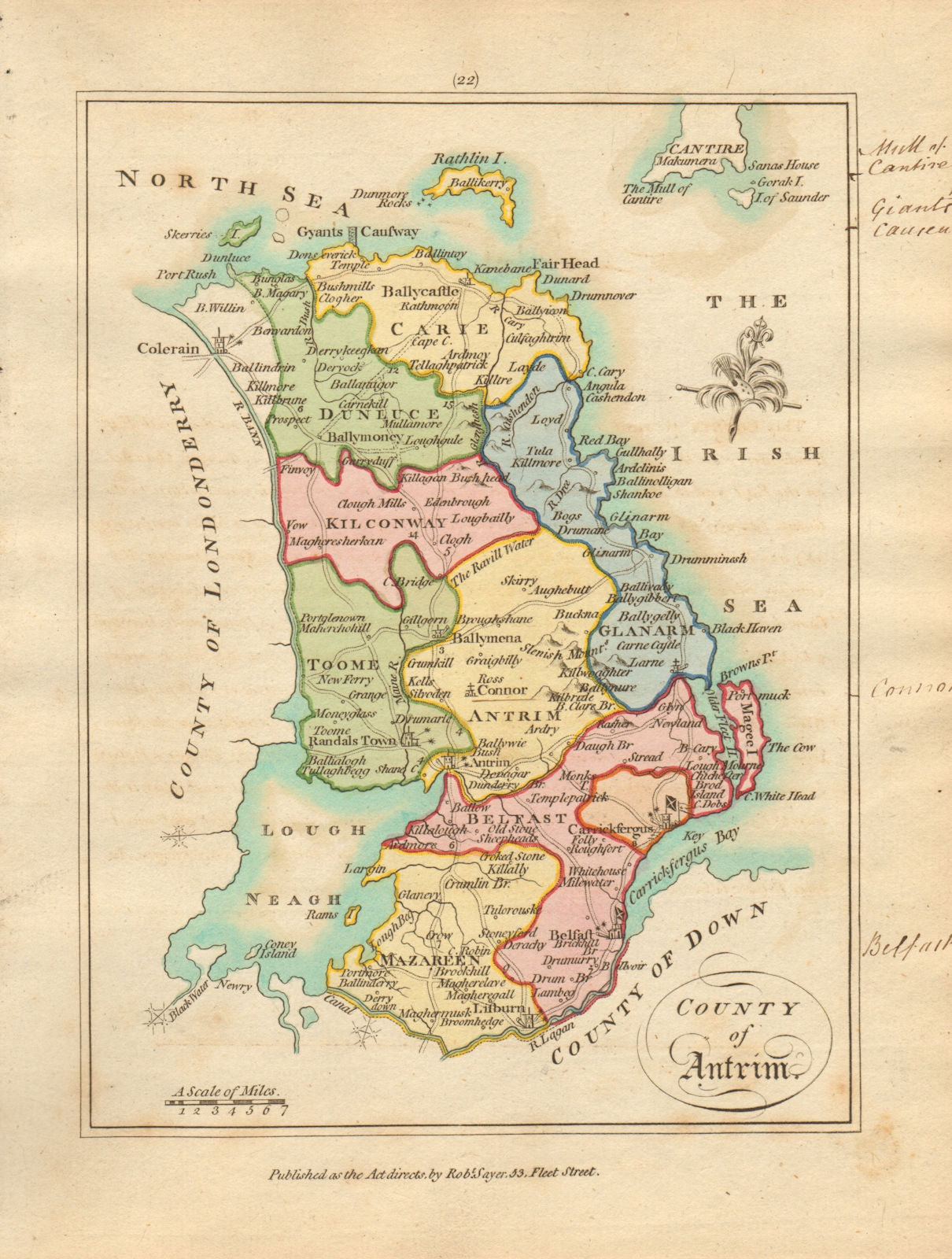 County of Antrim, Ulster. Antique copperplate map by Scalé / Sayer 1788